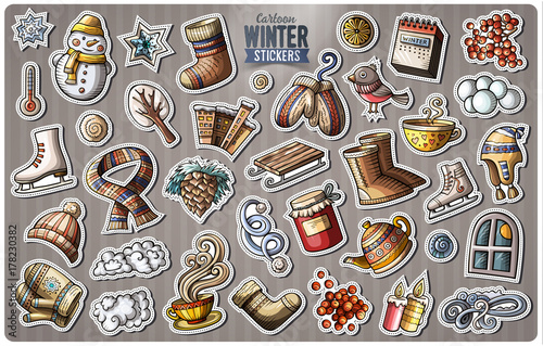 Set of Winter season cartoon stickers