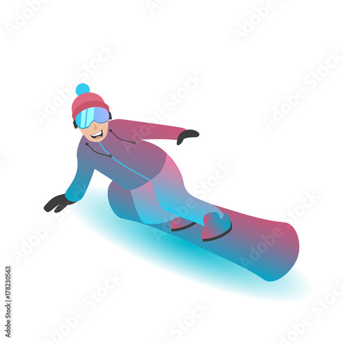 Illustration of a man standing on a snowboard. Male character isolated on a white background.
