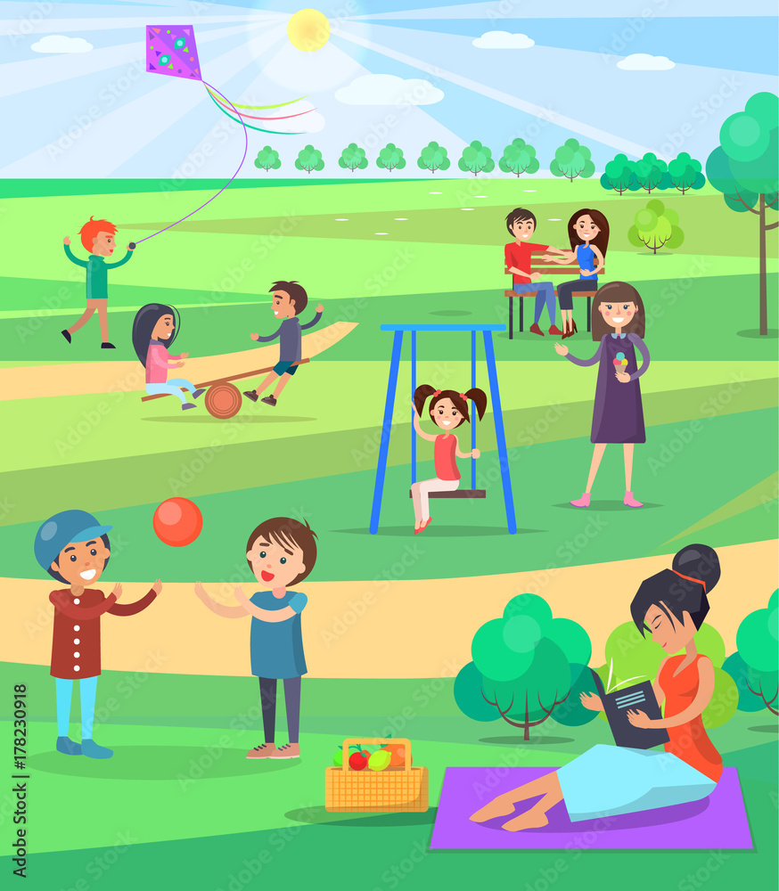 People Relaxing Outdoor in Park Colorful Poster
