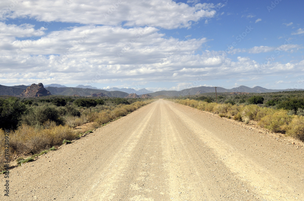 Desert Dirt Road with Mountain Range on the Horizon