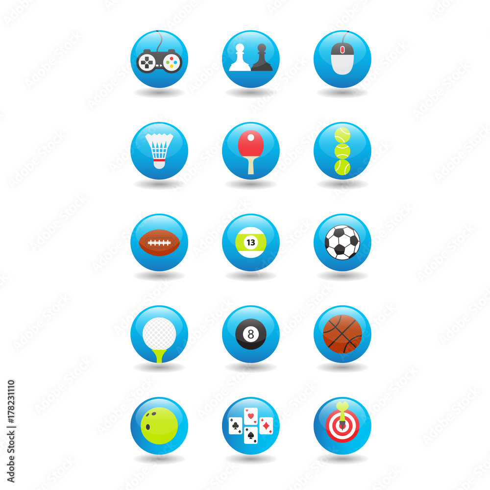Game icons. Games emblem. Icons games on blue buttons. Game icons. Games emblem. Icons games on blue buttons.