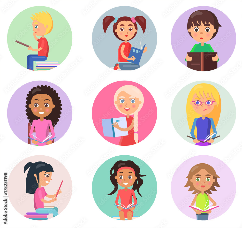 Reading Children in Round Icons Isolated on White Reading Children in Round Icons Isolated on White