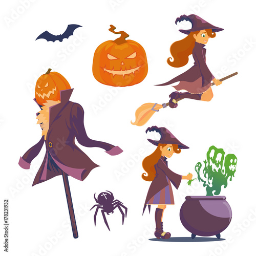 Halloween set. A witch with a broom, witch flying on a broom, evil pumpkin, cauldron potion, flock of bats, spider with a cross.