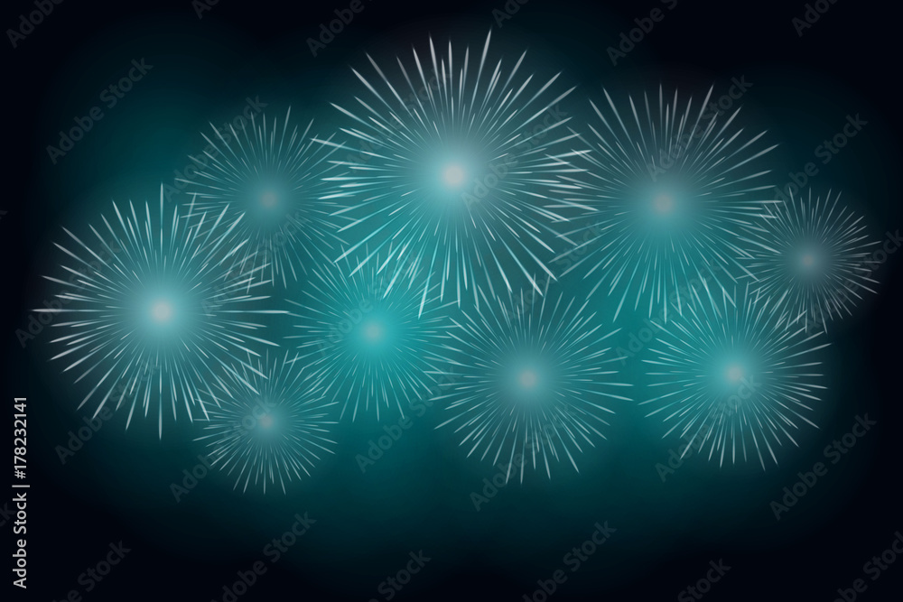 Fototapeta premium White fireworks effect on blue background. Festive firework cracker in night sky. Vector illustration.