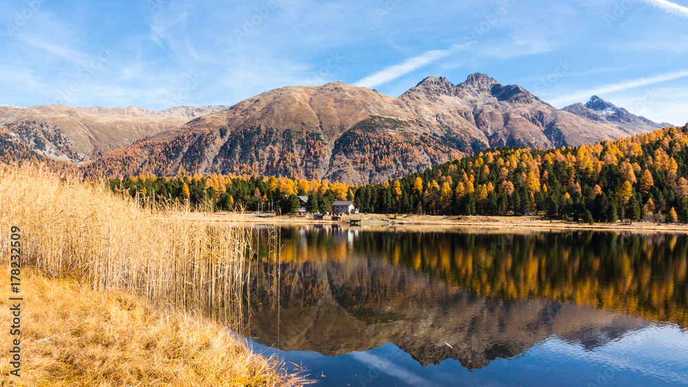 Lake of Staz, autumn in Engadine valley. Swiss Alps