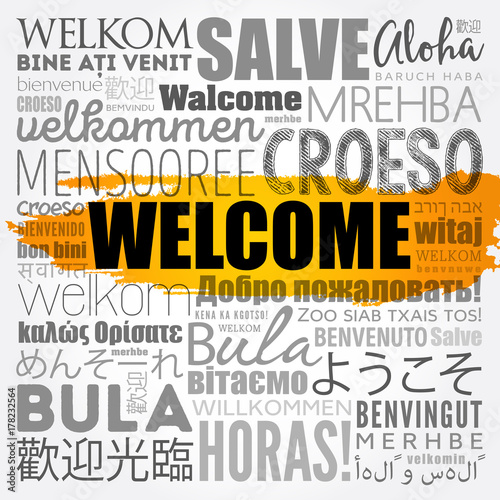 WELCOME word cloud in different languages, conceptual background