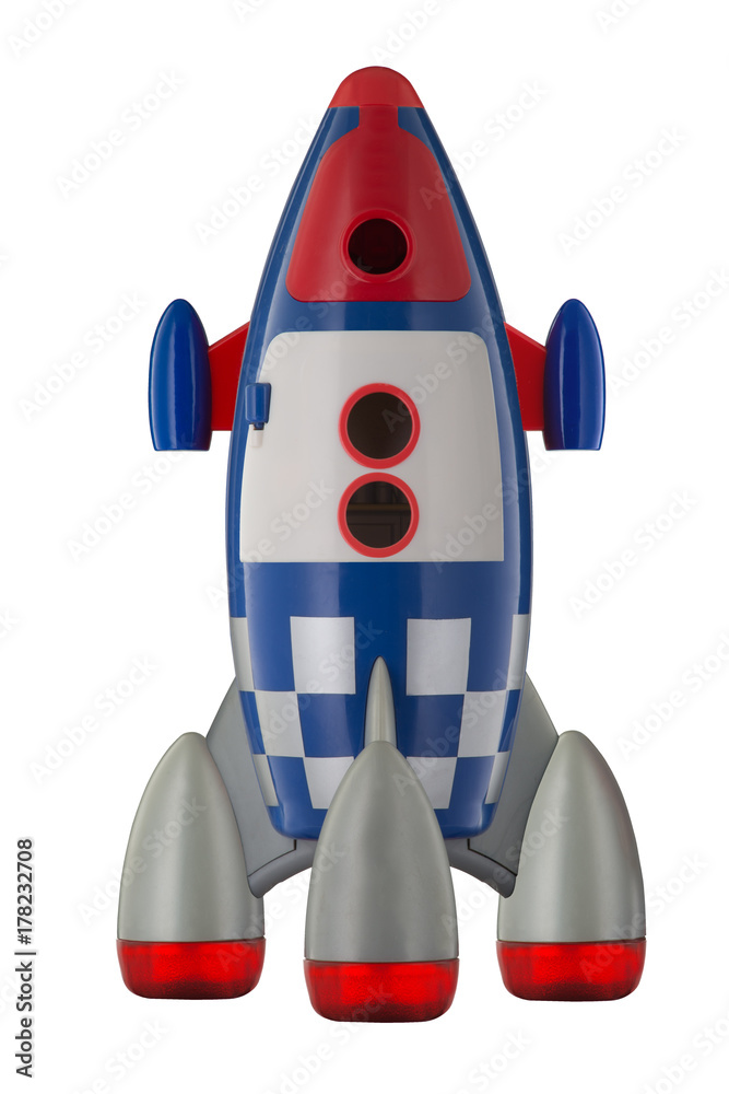 Red blue and white toy plastic childs rocket isolated on white