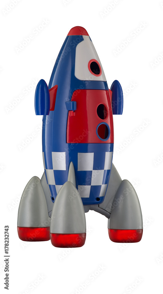 Red blue and white toy plastic childs rocket isolated on white Stock ...