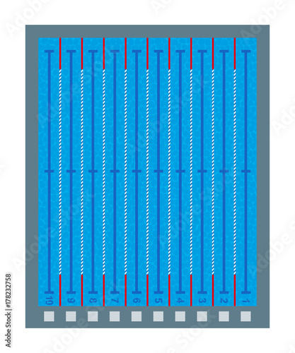 Swimming pool deep transparent blue water. Top view of pool with lines and marks. Flat mockup. Vector illustration.