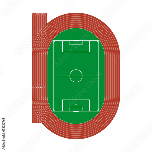 Running athletics track with soccer stadium. Top view of athletics arena with lines and marks. Vector illustration.