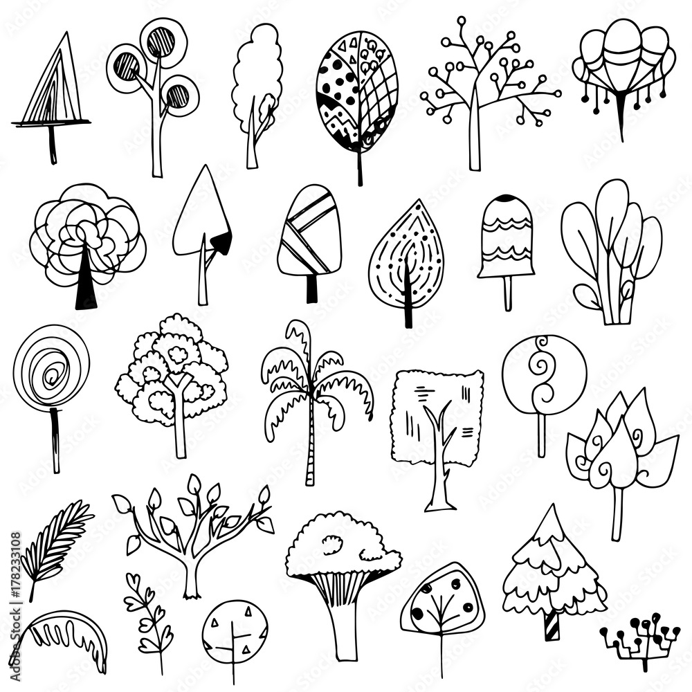 vector illustration set of cute tree doodle design from freehand ...