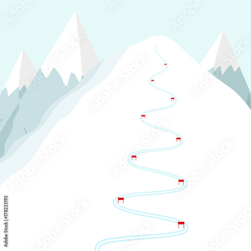 Cartoon ski track on snow mountain. Skiing trace with flags. Flat vector illustration.