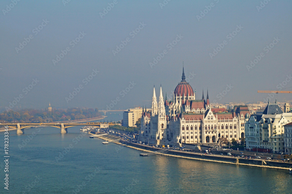 Panorama of Budapest. View of the building of the Parliament of Hungary. The Danube River.