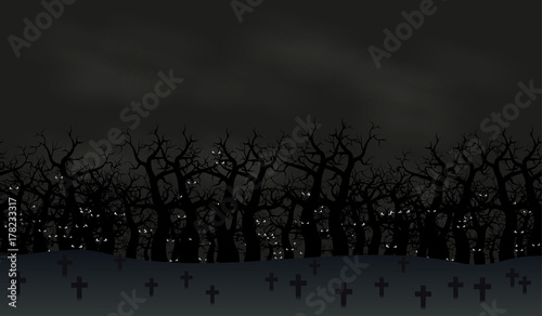 Seamless halloween poster background. Foggy landscape of graveyard with scary bats eyes in dark forest. Vector illustration.
