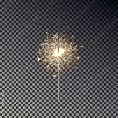 New year sparkler isolated on transparent background. Realistic transparent light effect. Festive sparkler decoration element for Birthday, Christmas, Party. Vector illustration.