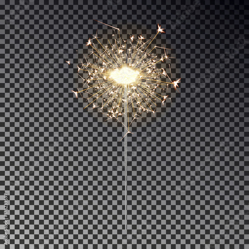 New year sparkler isolated on transparent background. Realistic transparent light effect. Festive sparkler decoration element for Birthday, Christmas, Party. Vector illustration.