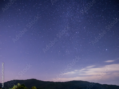The little Milky way galaxy above the mountain in the morning.
