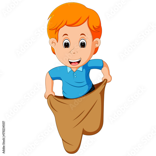 Boy playing jumping sack race