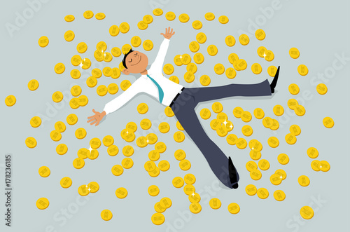 Person lying in bitcoin looking golden coins, EPS 8 vector illustration