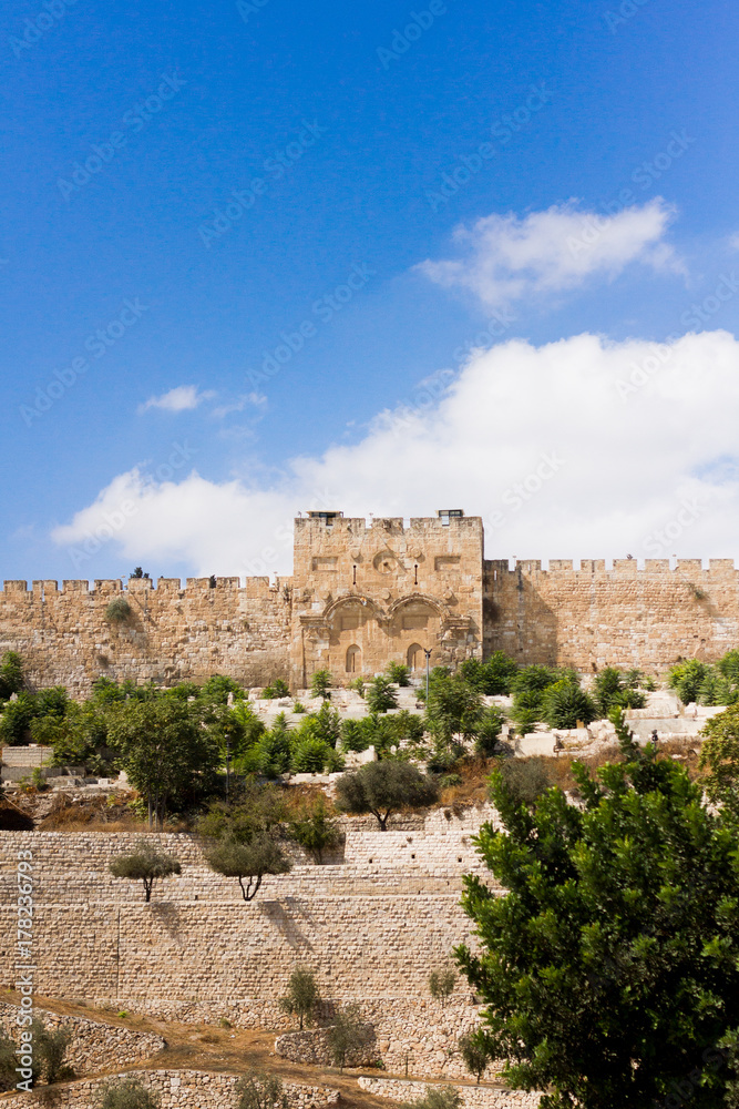 The Golden Gate or Gate of Mercy in the Ancient Old City Walls of Jerusalem in Israel