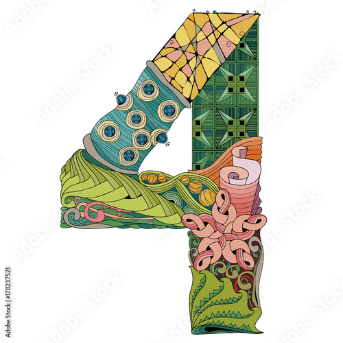 Number four Zentangle. Vector decorative object
