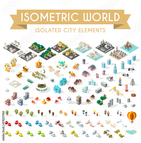 Set of Isometric High Quality City Elements on White Background