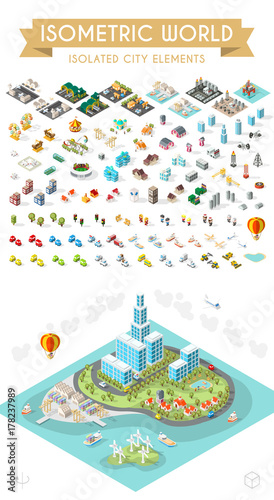 Set of Isometric High Quality City Elements on White Background