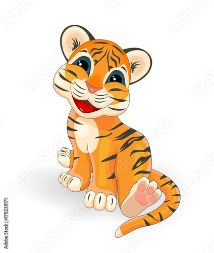 Fototapeta Naklejka Na Ścianę i Meble -  Little tiger cub. Cartoon little tiger cub on a white background.