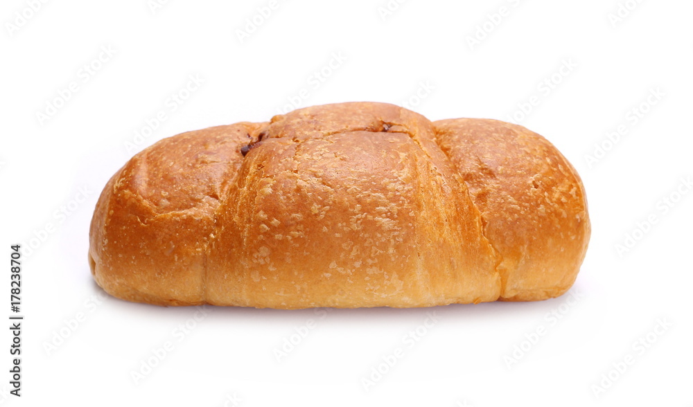 Chocolate bread, cake with flakes isolated on white background