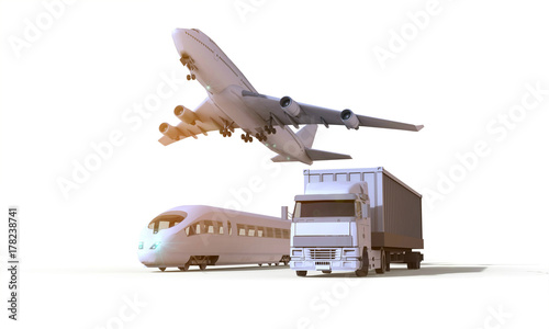 Logistics and transportation vehicle ,truck,train and plane in freight cargo on isolate Background / 3D rendering