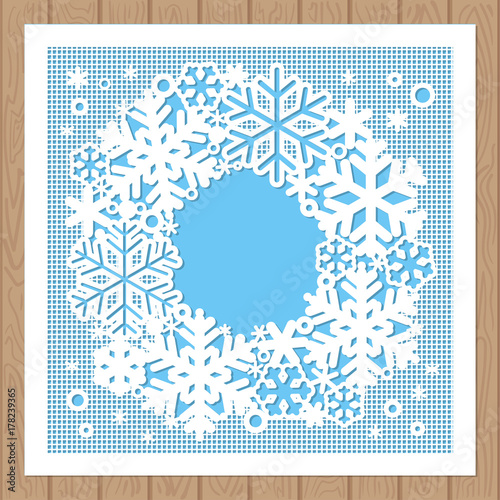 Invitation envelope with snowflakes for laser cutting. Square. Laser cut pattern for christmas paper cards, wood carving, paper cutting, design elements, scrapbooking.