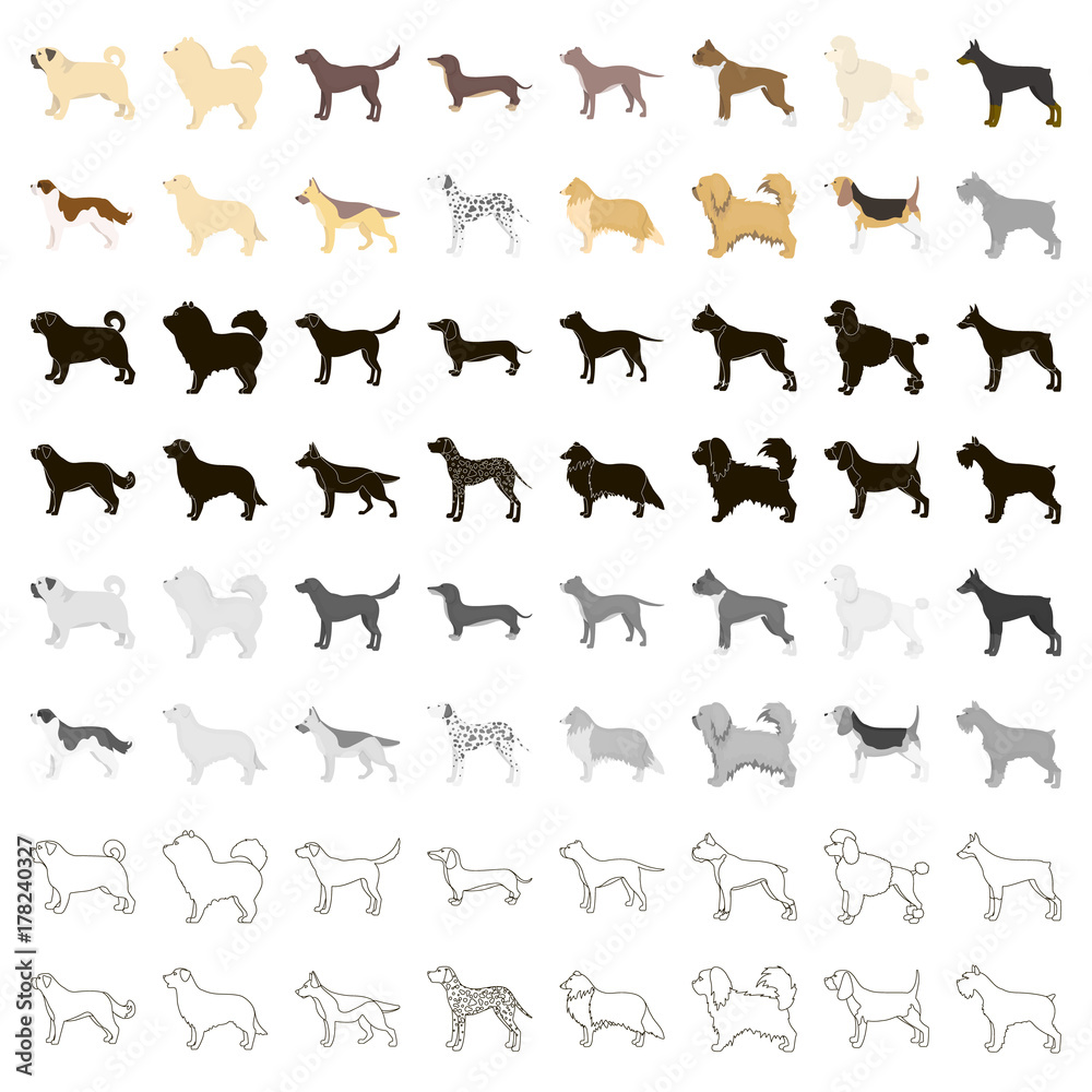 Vetor de Dog breeds set icons in cartoon style. Big collection dog ...