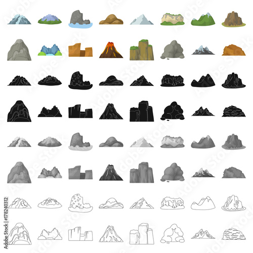 Rock, peak, volcano, and other kinds of mountains. Different mountains set collection icons in cartoon style vector symbol stock illustration web.