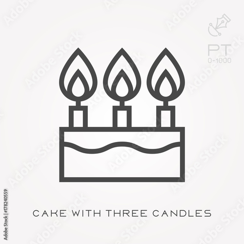 Line icon cake with three candles