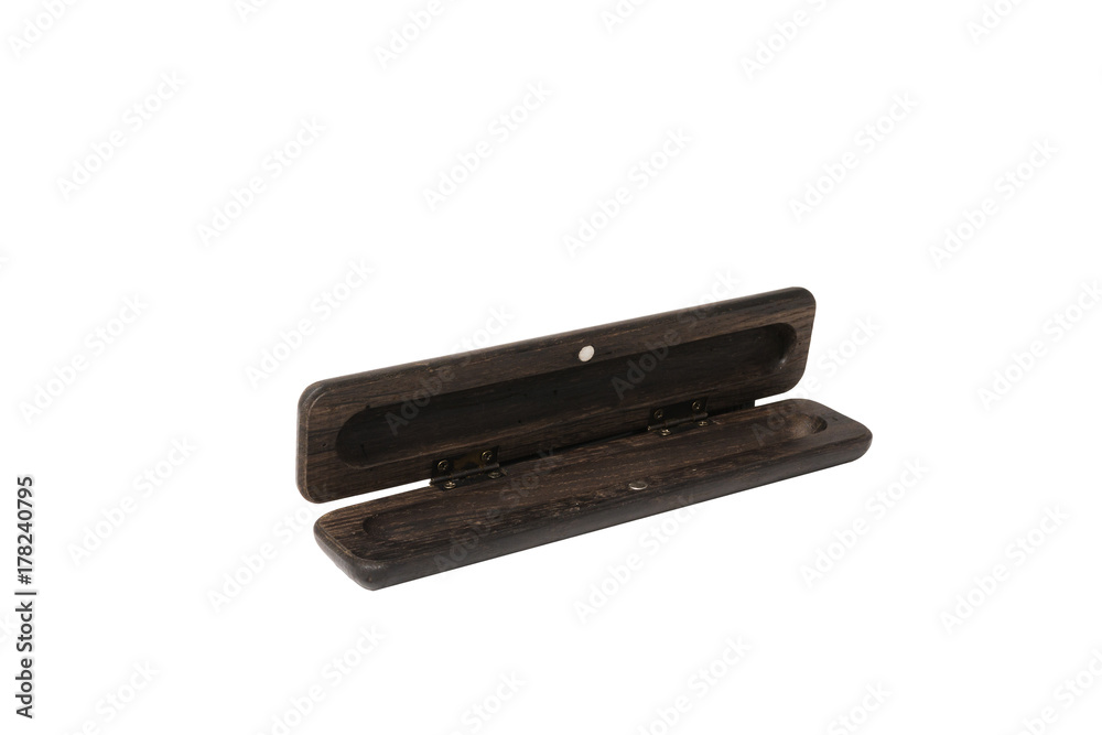 A pencil case for a ballpoint pen made from old oak on a white background A pencil case for a ballpoint pen made from old oak on a white background