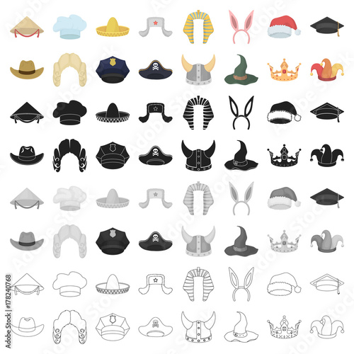 Hats set icons in cartoon style. Big collection of hats vector symbol stock illustration