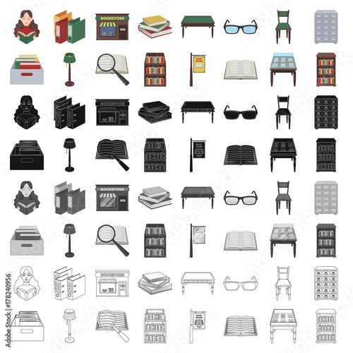 Library and bookstore set icons in cartoon style. Big collection of library and bookstore vector symbol stock illustration