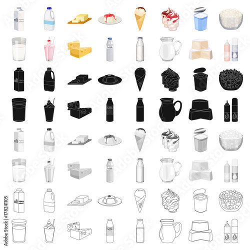 Milk product and sweet set icons in cartoon style. Big collection of milk product and sweet vector symbol stock illustration