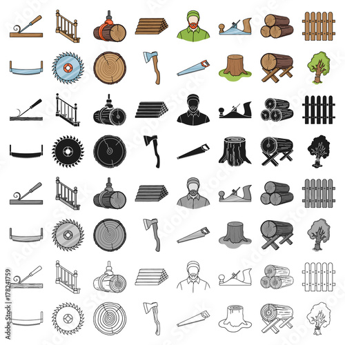 Sawmil and timber set icons in cartoon style. Big collection of sawmill and timber vector symbol stock illustration photo