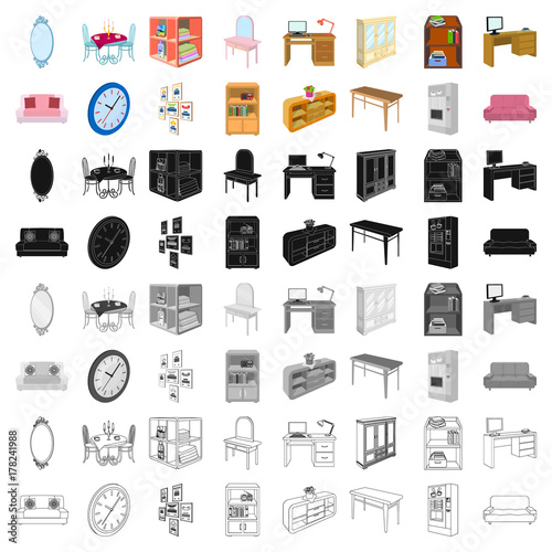 Coffee maker, sofa, mirror, table service in the restaurant and other web icon in cartoon style isometric. Interior and office furniture icons in set collection.