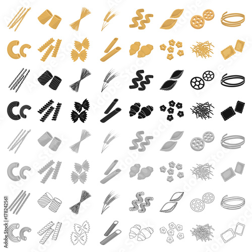 Types of pasta set icons in cartoon style. Big collection of types of pasta vector symbol stock illustration