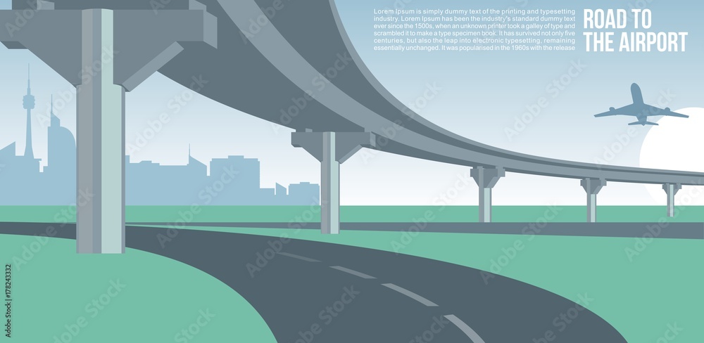 Overpass or bridge, in a city road to airport cityscape suburban or urban cool vector banner or poster illustration - obrazy, fototapety, plakaty 