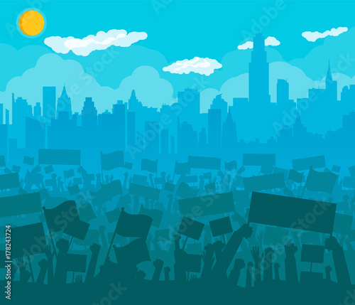 Cheering or protesting crowd with flags