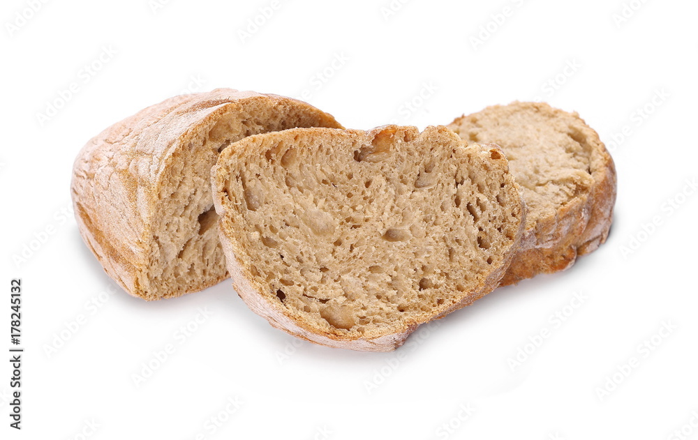 Whole wheat bread slices without additives, isolated on white background