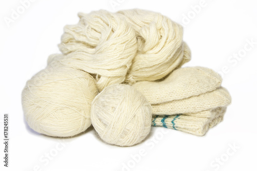 Woolen threads and wool socks isolated on white.Homemade knitting cloth.