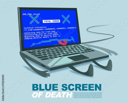 Blue screen of death BSOD computer virus or technical error mistake cartoon illustration