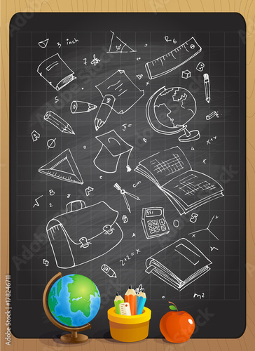Hand drawn illustration of school tools on a chalkboard