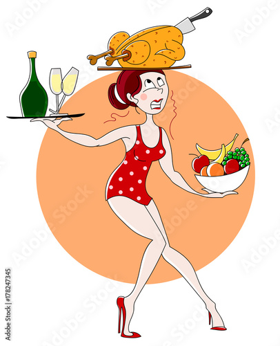 beautiful girl is carrying food and barely keeping her balance. vector background