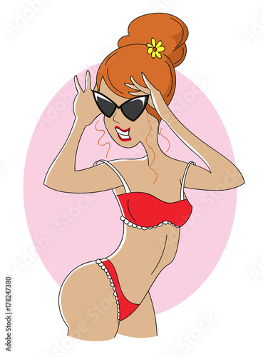 beautiful tanned girl with sunglasses and red swimsuit. vector background