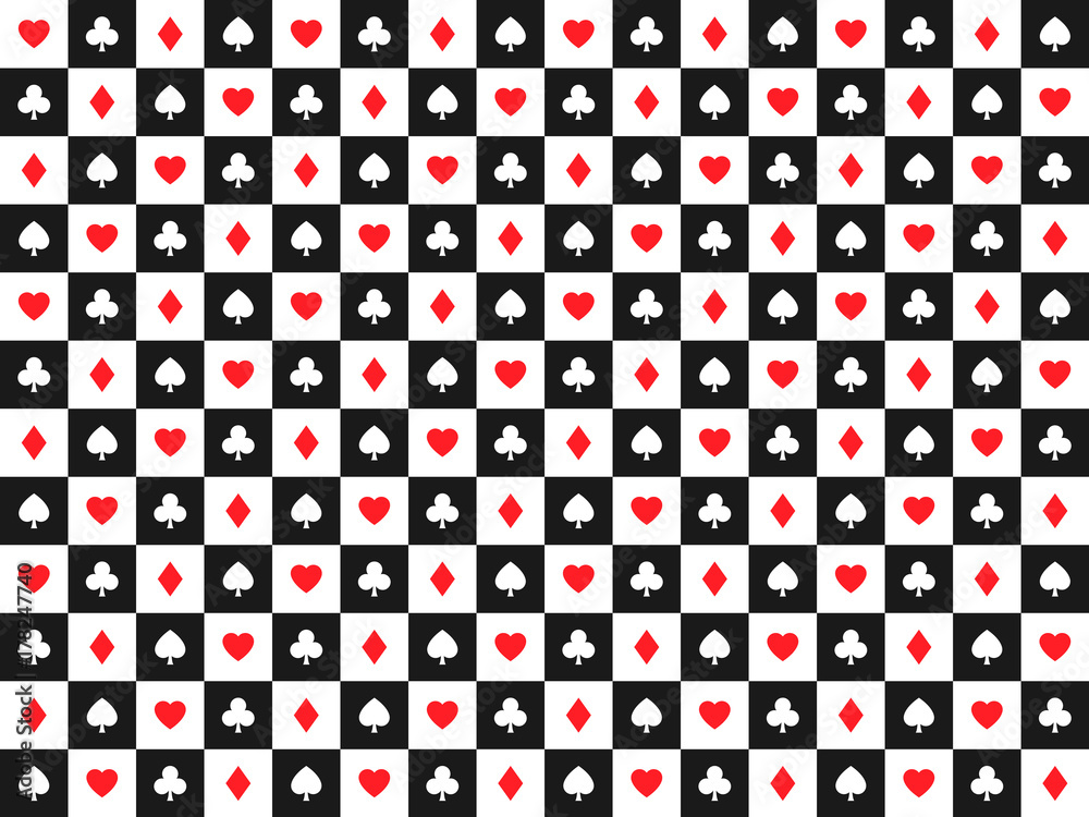Seamless abstract vector poker background with playing cards signs, red and  white symbols on white and black squares, casino symbols Stock Vector |  Adobe Stock